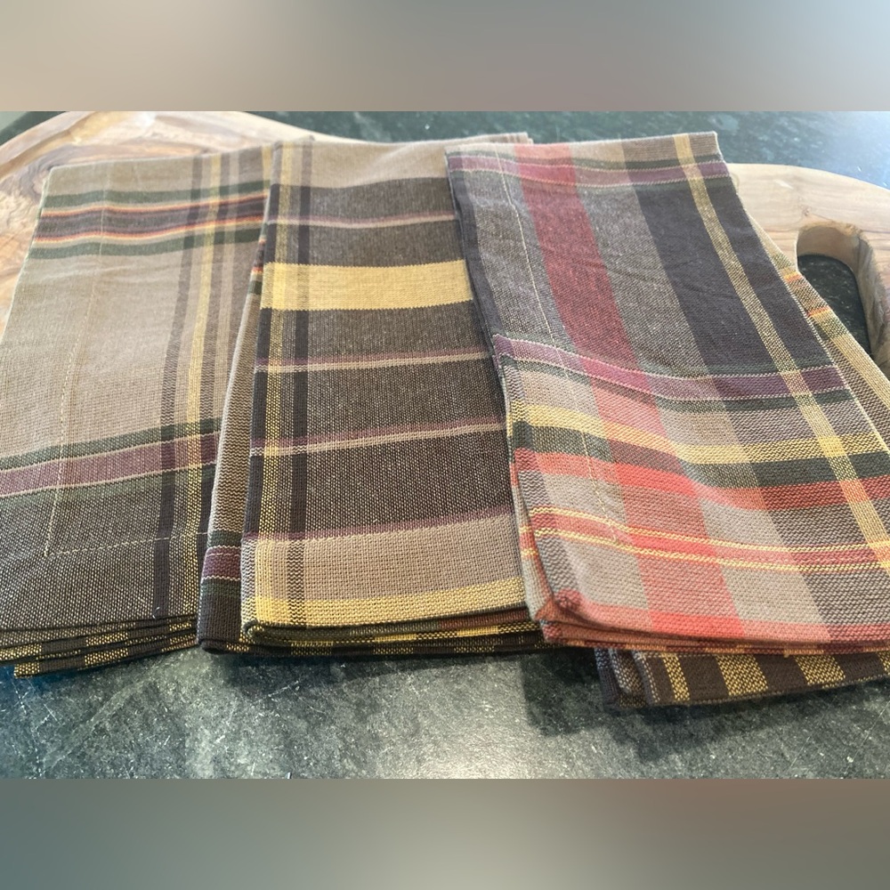 Pottery Barn Woodrow Plaid Cotton Napkins, SET OF 3 Brown Gray Multi Rare Rustic